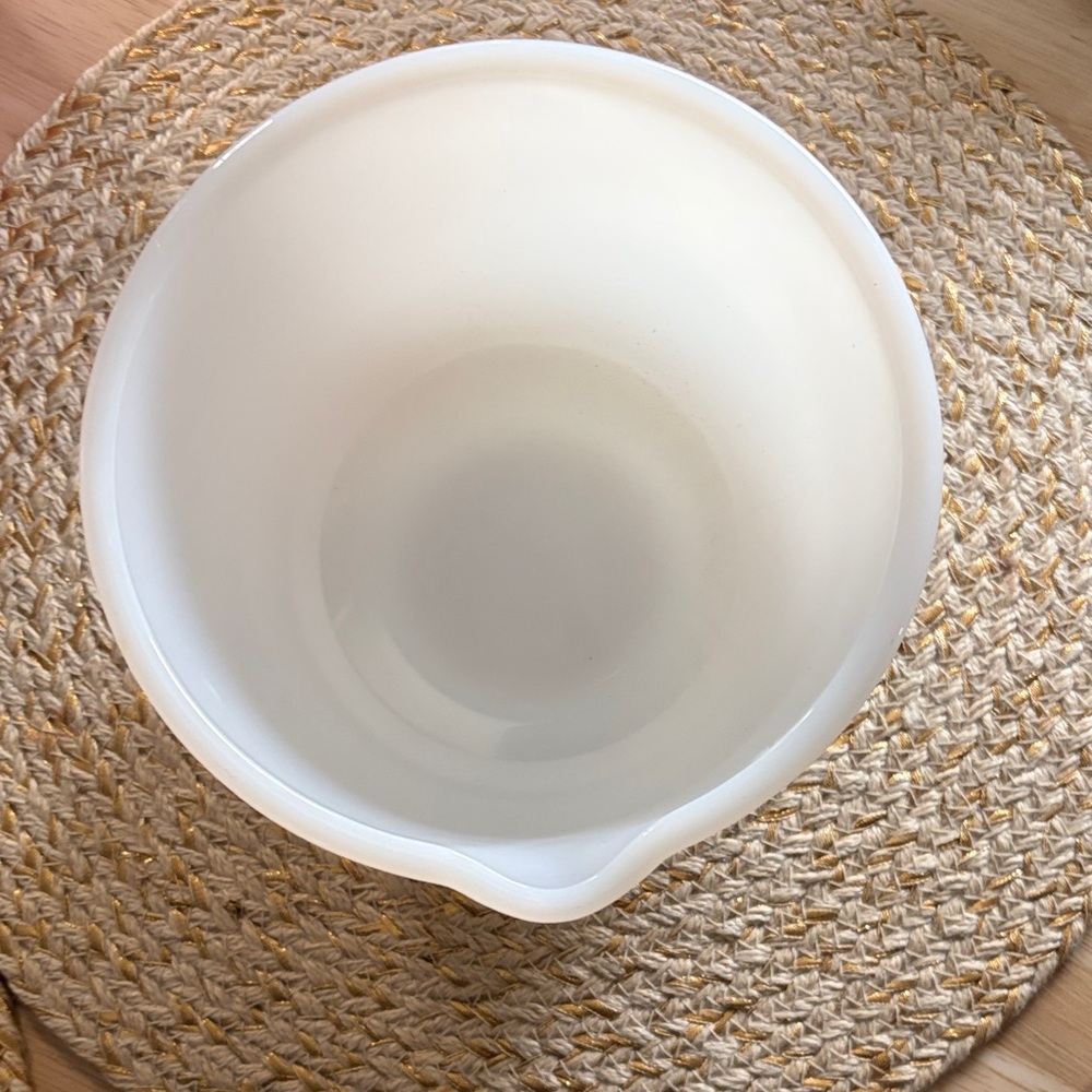 Milk glass made by Glasbake for Sunbeam spouted bowl